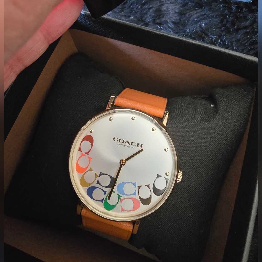 Coach Multicolor Dial Watch with Tan Leather Strap